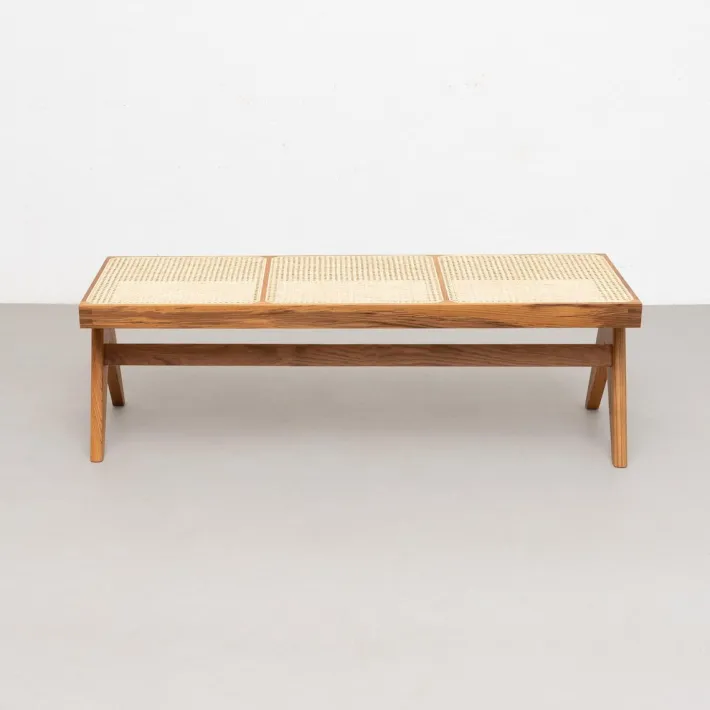 Pamono 057 Civil Bench in Wood and Woven Viennese Cane by Pierre Jeanneret for Cassina Clearance