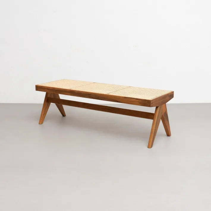 Pamono 057 Civil Bench in Wood and Woven Viennese Cane by Pierre Jeanneret for Cassina Clearance