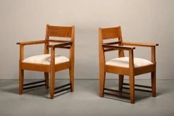 Pamono Amsterdam School Art Deco Armchairs in Oak and Almond Fabric, 1930s, Set of 2