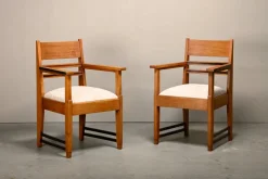 Pamono Amsterdam School Art Deco Armchairs in Oak and Almond Fabric, 1930s, Set of 2