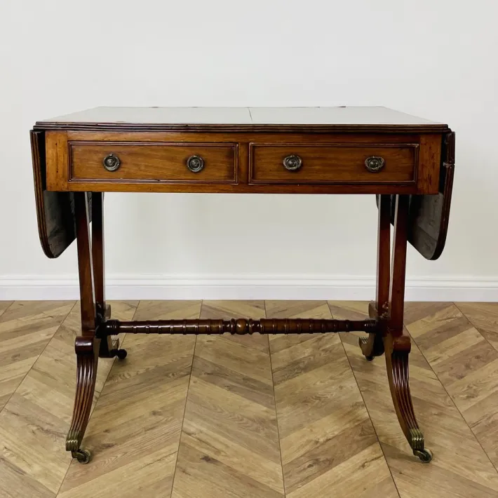 Pamono Antique English Mahogany Drop-Leaf Stretcher Table on Castors, 19th Century Discount