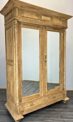 Pamono Antique French Carved Oak Wardrobe with Mirror and Drawers Clearance