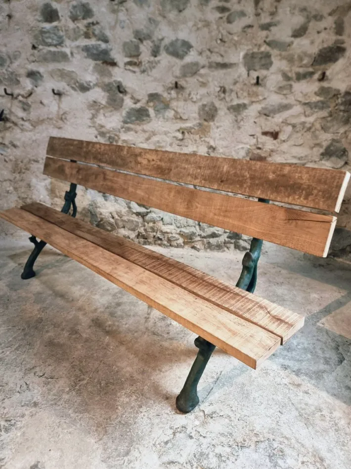 Pamono Antique French Cast Iron & Oak Park Bench in Sea Green Patina, 1890s Best