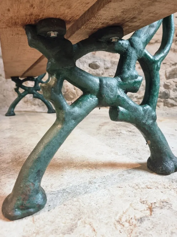 Pamono Antique French Cast Iron & Oak Park Bench in Sea Green Patina, 1890s Best