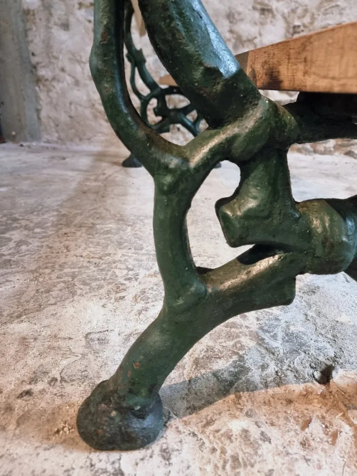 Pamono Antique French Cast Iron & Oak Park Bench in Sea Green Patina, 1890s Best