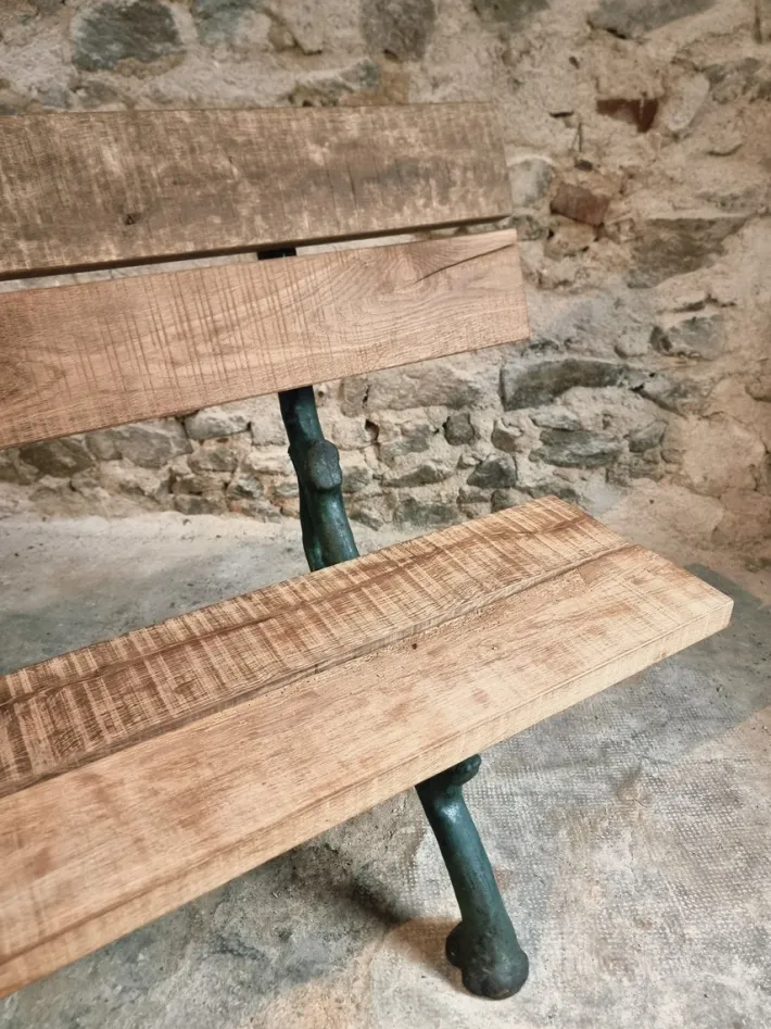 Pamono Antique French Cast Iron & Oak Park Bench in Sea Green Patina, 1890s Best