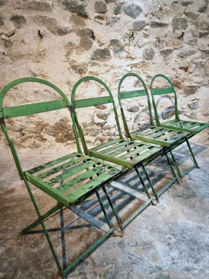 Pamono Antique French Iron Folding Garden Chairs with Aged Green Patina, 1920s, Set of 4 Outlet