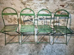 Pamono Antique French Iron Folding Garden Chairs with Aged Green Patina, 1920s, Set of 4 Outlet
