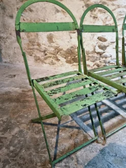 Pamono Antique French Iron Folding Garden Chairs with Aged Green Patina, 1920s, Set of 4 Outlet