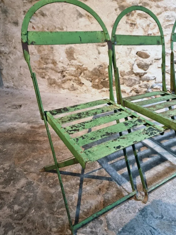 Pamono Antique French Iron Folding Garden Chairs with Aged Green Patina, 1920s, Set of 4 Outlet