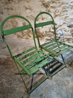 Pamono Antique French Iron Folding Garden Chairs with Aged Green Patina, 1920s, Set of 4 Outlet