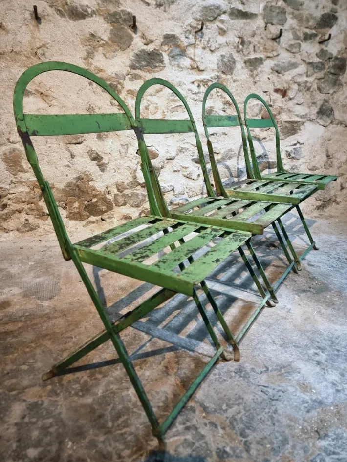 Pamono Antique French Iron Folding Garden Chairs with Aged Green Patina, 1920s, Set of 4 Outlet
