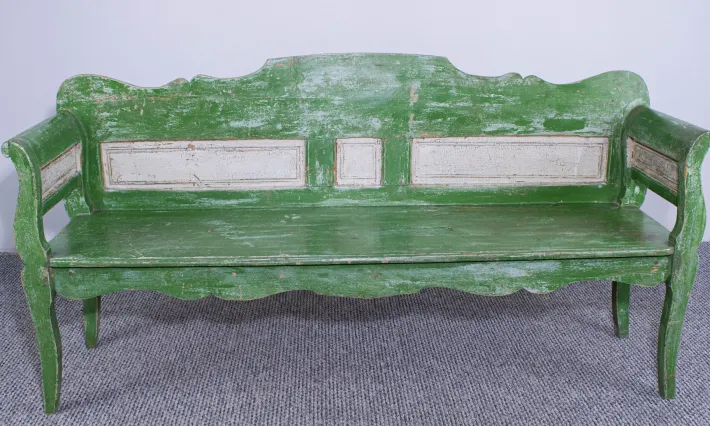 Pamono Antique Green and White Painted Pine Bench, Late 19th Century Clearance