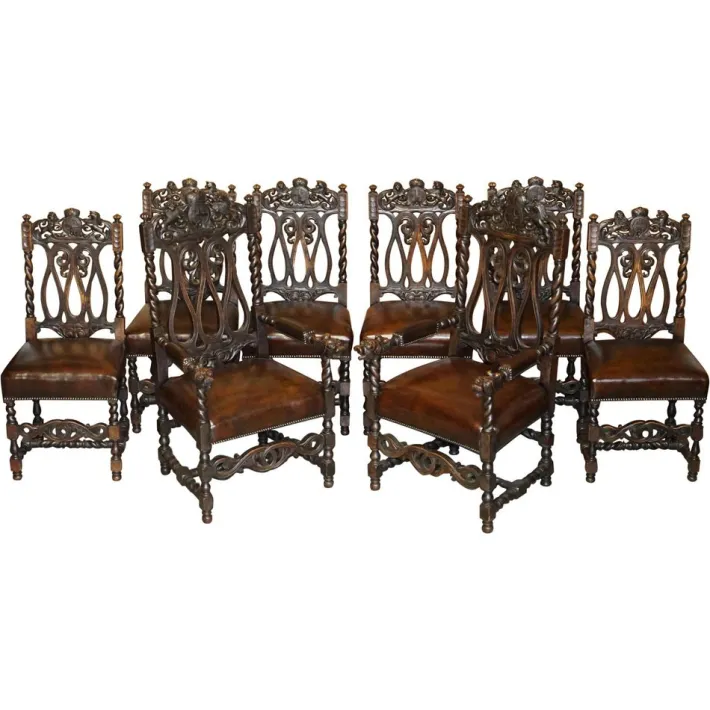 Pamono Antique Hand Carved Armorial Crest Coat of Arms Jacobean Dining Chairs, Set of 8 Best