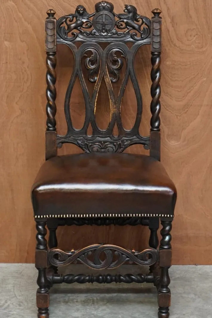 Pamono Antique Hand Carved Armorial Crest Coat of Arms Jacobean Dining Chairs, Set of 8 Best