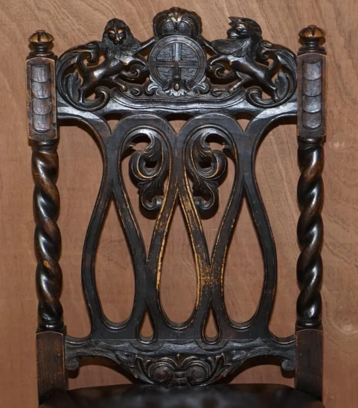 Pamono Antique Hand Carved Armorial Crest Coat of Arms Jacobean Dining Chairs, Set of 8 Best