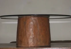 Pamono Antique Hand-Carved Mortar Coffee Table with Circular Glass Top Outlet