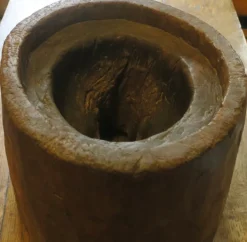 Pamono Antique Hand-Carved Mortar Coffee Table with Circular Glass Top Outlet