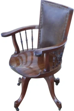Pamono Antique Mahogany and Leather Swivel Captain's Chair, 1900s Outlet