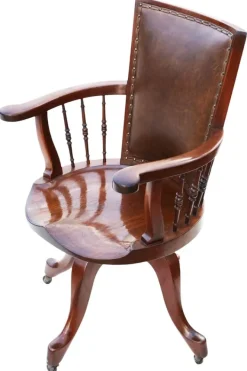 Pamono Antique Mahogany and Leather Swivel Captain's Chair, 1900s Outlet