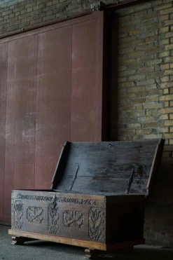 Pamono Antique Scandinavian Folk Art Oak Chest with Carved Panels, 1764 Outlet