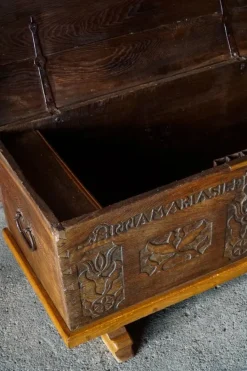 Pamono Antique Scandinavian Folk Art Oak Chest with Carved Panels, 1764 Outlet