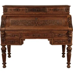 Pamono Antique Secretary Desk with Carved Oak, 1881 Online