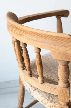 Pamono Antique Spanish Armchair, Natural Oak, Wicker Seat, 1890s