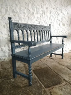 Pamono Antique Spanish Painted Chestnut Settle Bench, 1880 Hot