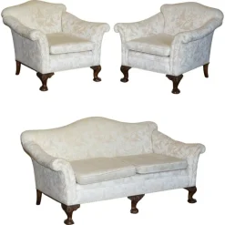Pamono Antique Victorian Chinoiserie Upholstery Sofa & Armchair Suite with Claw & Ball Feet, Set of 3 Outlet