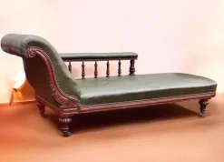 Pamono Antique Victorian Oak Chaise Longue in Green Leather with Brass Castors Hot