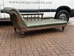 Pamono Antique Victorian Oak Chaise Longue in Green Leather with Brass Castors Hot