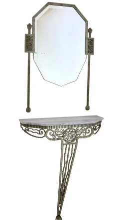 Pamono Art Deco French Wrought Iron Console Table with White Marble and Mirror New