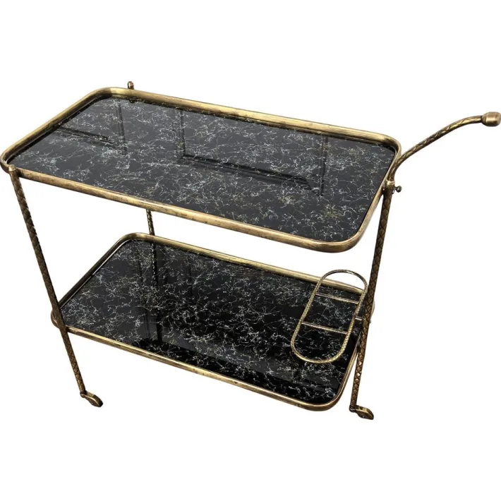 Pamono Art Deco Italian Two-Tier Gilt Brass and Marble Glass Bar Cart by Milo Baughman, 1950s New
