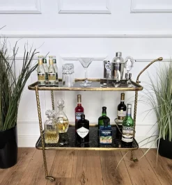 Pamono Art Deco Italian Two-Tier Gilt Brass and Marble Glass Bar Cart by Milo Baughman, 1950s New