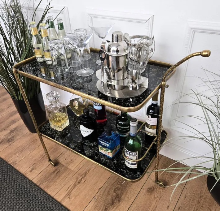 Pamono Art Deco Italian Two-Tier Gilt Brass and Marble Glass Bar Cart by Milo Baughman, 1950s New