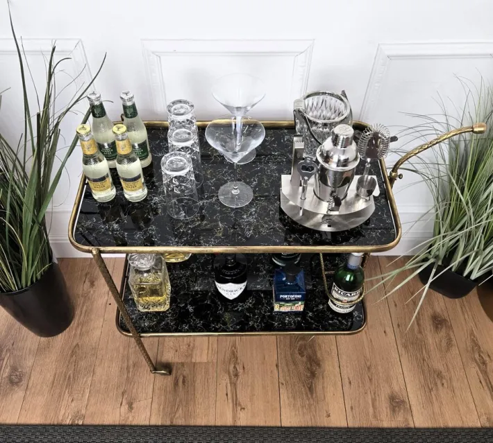 Pamono Art Deco Italian Two-Tier Gilt Brass and Marble Glass Bar Cart by Milo Baughman, 1950s New