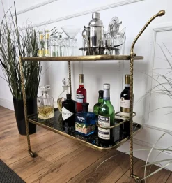 Pamono Art Deco Italian Two-Tier Gilt Brass and Marble Glass Bar Cart by Milo Baughman, 1950s New