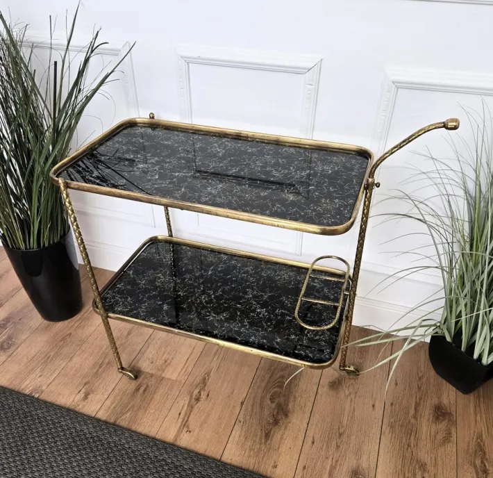 Pamono Art Deco Italian Two-Tier Gilt Brass and Marble Glass Bar Cart by Milo Baughman, 1950s New