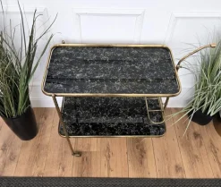 Pamono Art Deco Italian Two-Tier Gilt Brass and Marble Glass Bar Cart by Milo Baughman, 1950s New