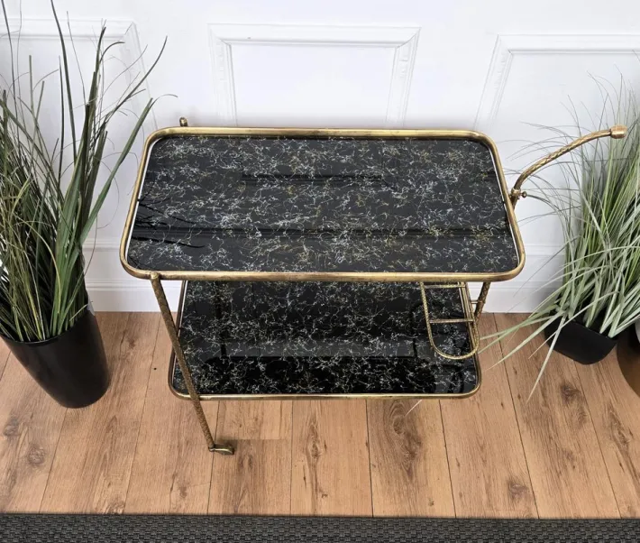 Pamono Art Deco Italian Two-Tier Gilt Brass and Marble Glass Bar Cart by Milo Baughman, 1950s New