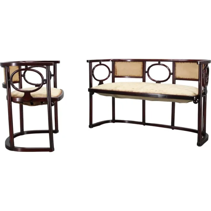 Pamono Art Nouveau Fledermaus Sofa and Armchair attributed to Josef Hoffmann for Fischel, 1890s, Set of 2 New
