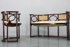 Pamono Art Nouveau Fledermaus Sofa and Armchair attributed to Josef Hoffmann for Fischel, 1890s, Set of 2 New