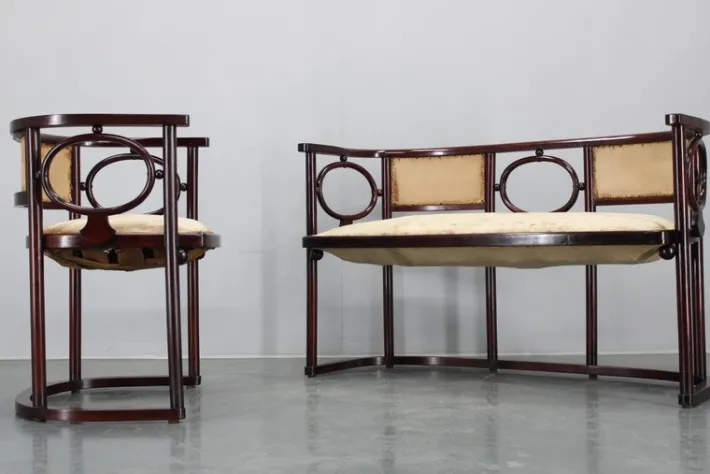 Pamono Art Nouveau Fledermaus Sofa and Armchair attributed to Josef Hoffmann for Fischel, 1890s, Set of 2 New