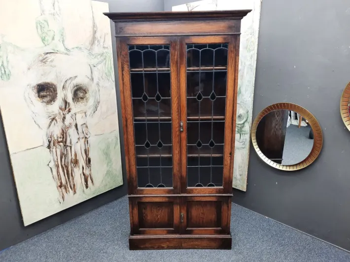 Pamono Art Nouveau Oak and Tiffany Glass Display Cabinet, 1910s Discount