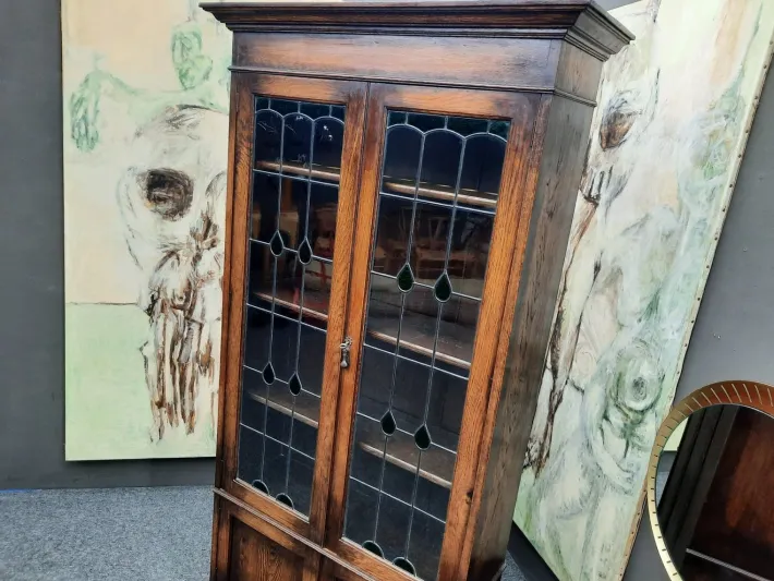 Pamono Art Nouveau Oak and Tiffany Glass Display Cabinet, 1910s Discount