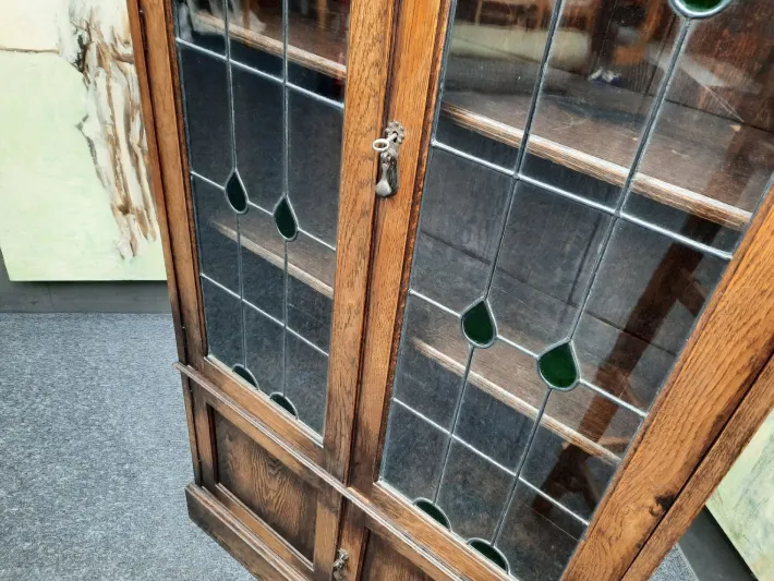 Pamono Art Nouveau Oak and Tiffany Glass Display Cabinet, 1910s Discount