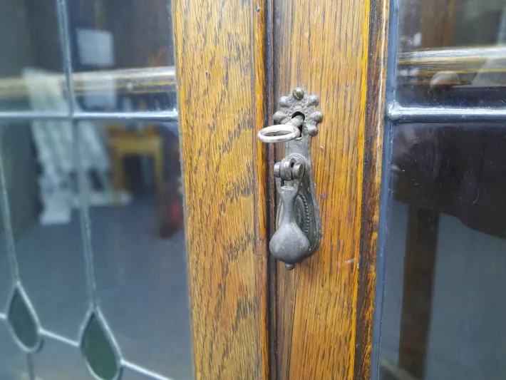 Pamono Art Nouveau Oak and Tiffany Glass Display Cabinet, 1910s Discount