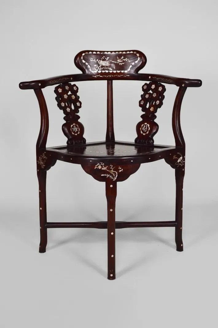 Pamono Asian Carved Inlaid Wood Armchairs, Early 20th Century, Set of 4 Clearance