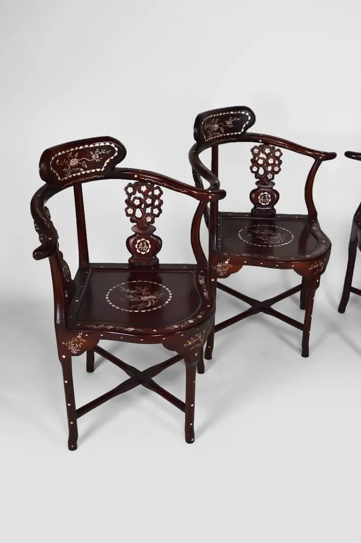 Pamono Asian Carved Inlaid Wood Armchairs, Early 20th Century, Set of 4 Clearance